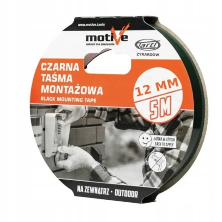 Taśma montażowa dwustronna czarna MOTIVE 12 mm × 5 m – piankowa, z silokonową okleiną PE, mocna przyczepność