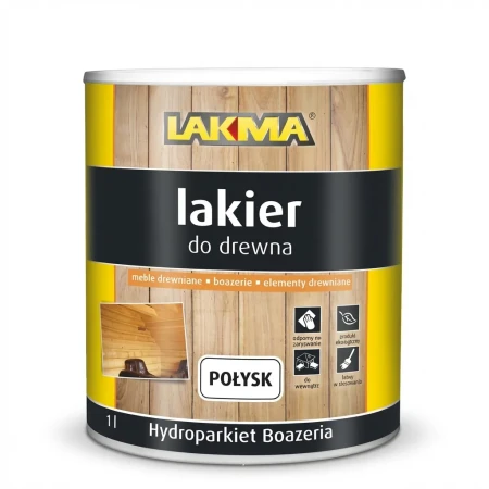 Lakier akrylowy LAKMA HYDROPARKIET BOAZERIA -wodorozcieńczalny, bezbarwny lakier do drewna, nadający subtelny połysk lub półmat, odporny na ścieranie i działanie wody
