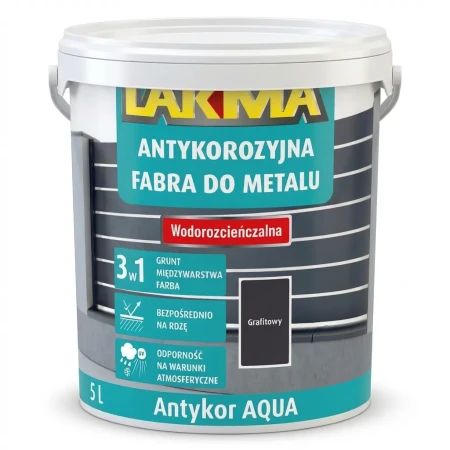 Farba antykorozyjna LAKMA ANTIKOR AQUA 5 L – preparat do ochrony metalu przed korozją i rdzą