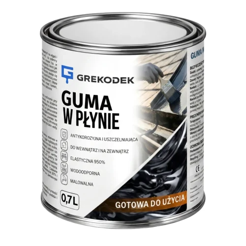 Przejdź do produktu GUMA W PŁYNIE 0,7L CZARNA  Hydroizolacja na Dach Blachę Rynny Uszczelniacz GREKODEK