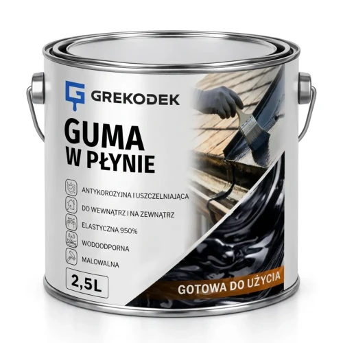 Przejdź do produktu GUMA W PŁYNIE 2,5L CZARNA  Hydroizolacja na Dach Blachę Rynny Uszczelniacz GREKODEK