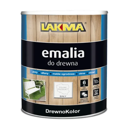 Przejdź do produktu EMALIA DO DREWNA  BIAŁA 0,8L PÓŁMAT  AKRYLOWA DrewnoKolor  LAKMA